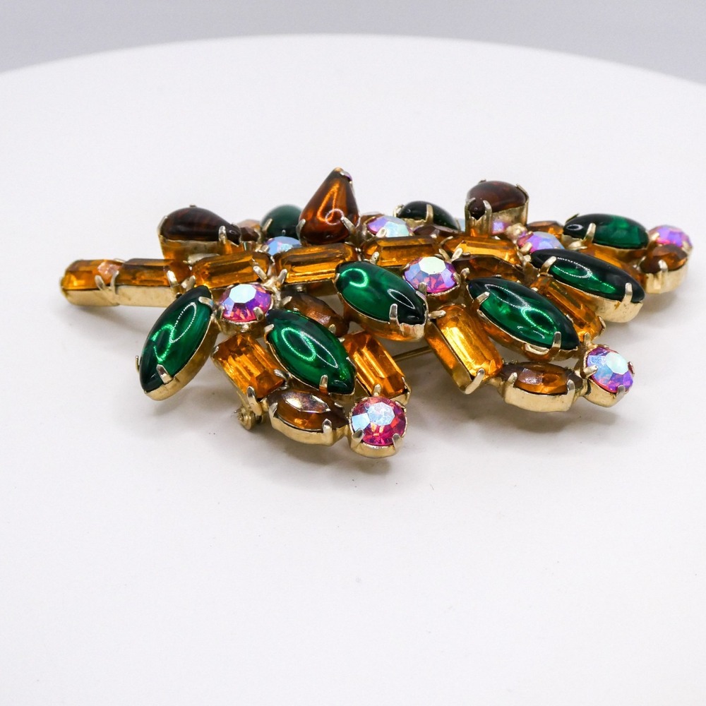 Vintage Rhinestone Leaf Extra Large 3.3" Gold & Green Statement Brooch Pin - Picture 6 of 12